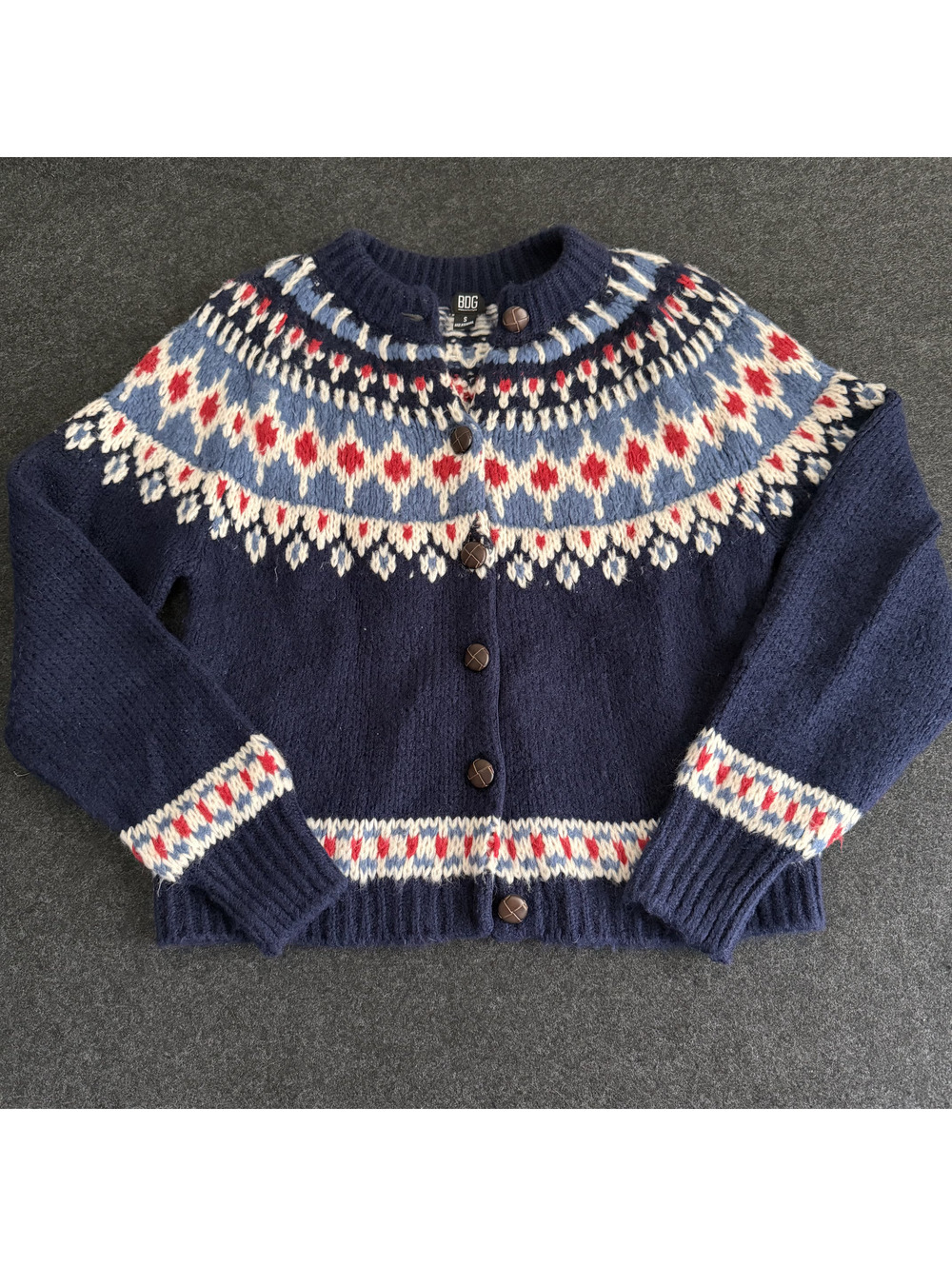 Urban Outfitters BDG Fair Isle Knit Button Cardigan Navy Grandma Cottagecore S